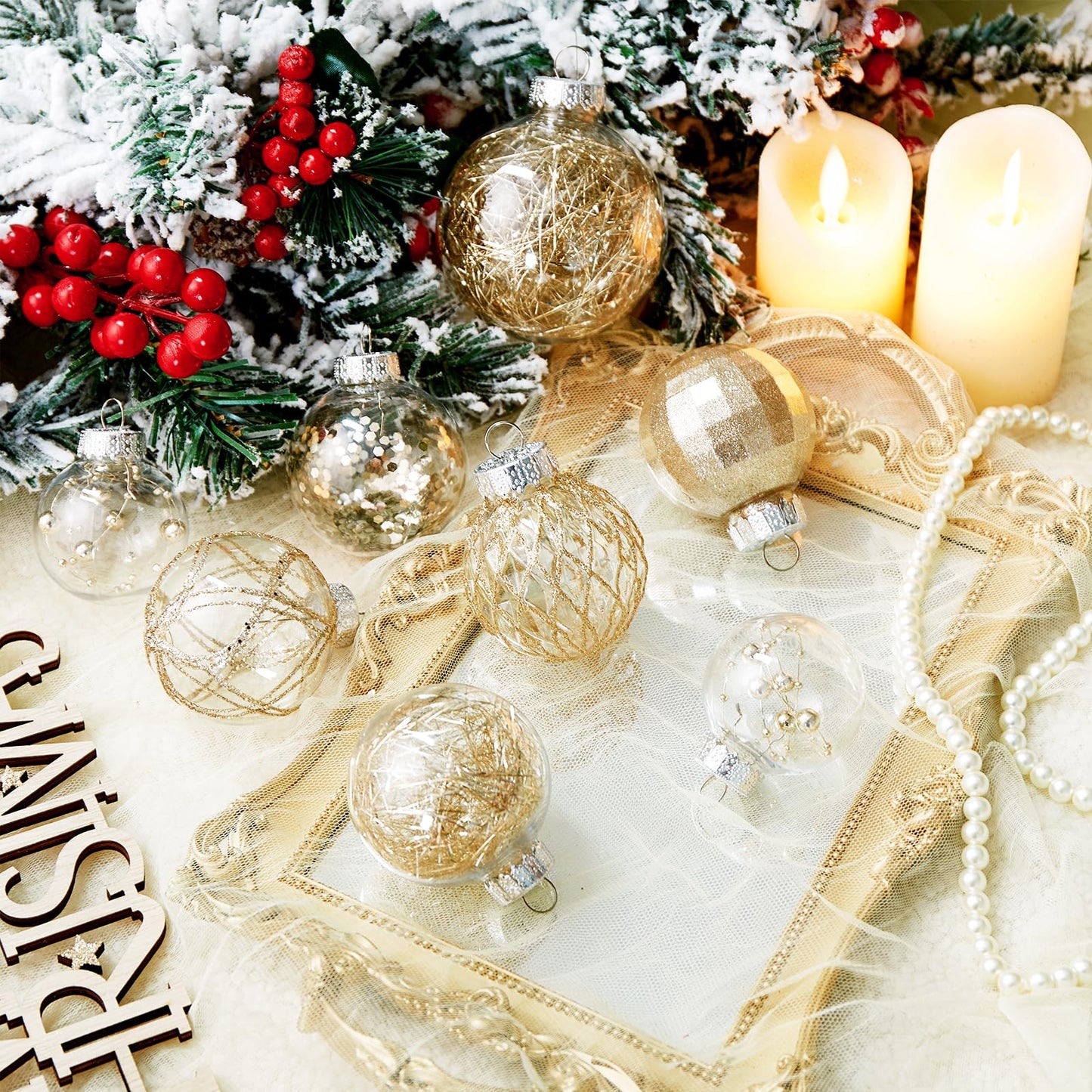 CristBest 30ct Christmas Ball Ornaments-60mm/2.36" Shatterproof Clear Plastic Xmas Balls Baubles Set with Stuffed Delicate Sparkling, Hanging Christmas Tree Decorations (Champagne Gold)