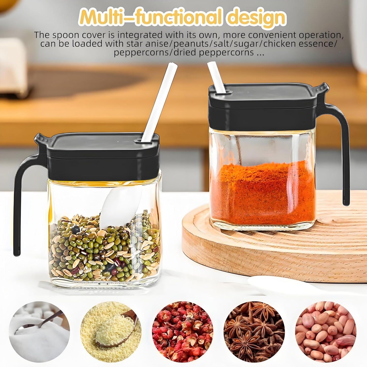 WANYISHUN Condiment Jar Spice Container with Lids and Spoons, Kitchen Spice Pot Set of 3, 11oz Clear Glass Condiment Pot with Tray, Kitchen Salt Pepper Sugar Storage Container Jar (black, 300ml)