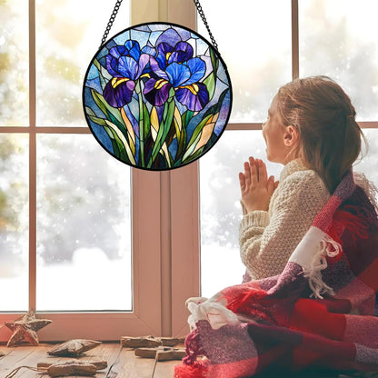 CRISGIF Stained Glass Window Hanging - Blue Purple Iris Flower Suncatcher for Door Garden Patio Sun Catchers Decor Christmas Mother's Day Birthday Gifts for Women Men Mom Nana Aunt Friend 6.3 in