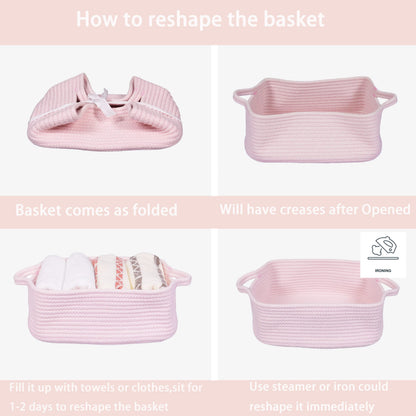 Woven Cotton Rope Storage Basket with Handles for Organizing Shelves Closet Small Cat Dog Pet Toy Baskets Box Bin Decorative Rectangle Baby Nursery basket Gift Basket Empty Light pink