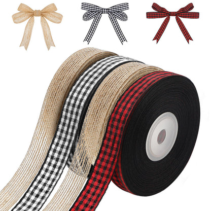 Xinnun 4 Rolls 100 Yards Christmas Ribbons Black Red Buffalo Plaid Fabric Ribbon Black and White Checked Gingham Ribbon Natural Burlap Ribbons Rustic Wrapping for DIY Craft Party Decor(0.6 Inch)
