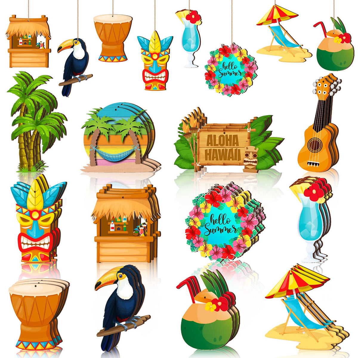 Geelin 36 Pcs Summer Wood Hanging Ornaments for Tree Christmas in July Mini Tree Decorations Hawaiian Beach Wooden Pendant Decorations with String for Luau Party Supplies(Aloha)