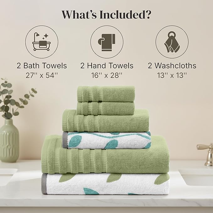 Modern Threads Organic Vines 6-Piece 100% Cotton Towel Set – Yarn Dyed Jacquard