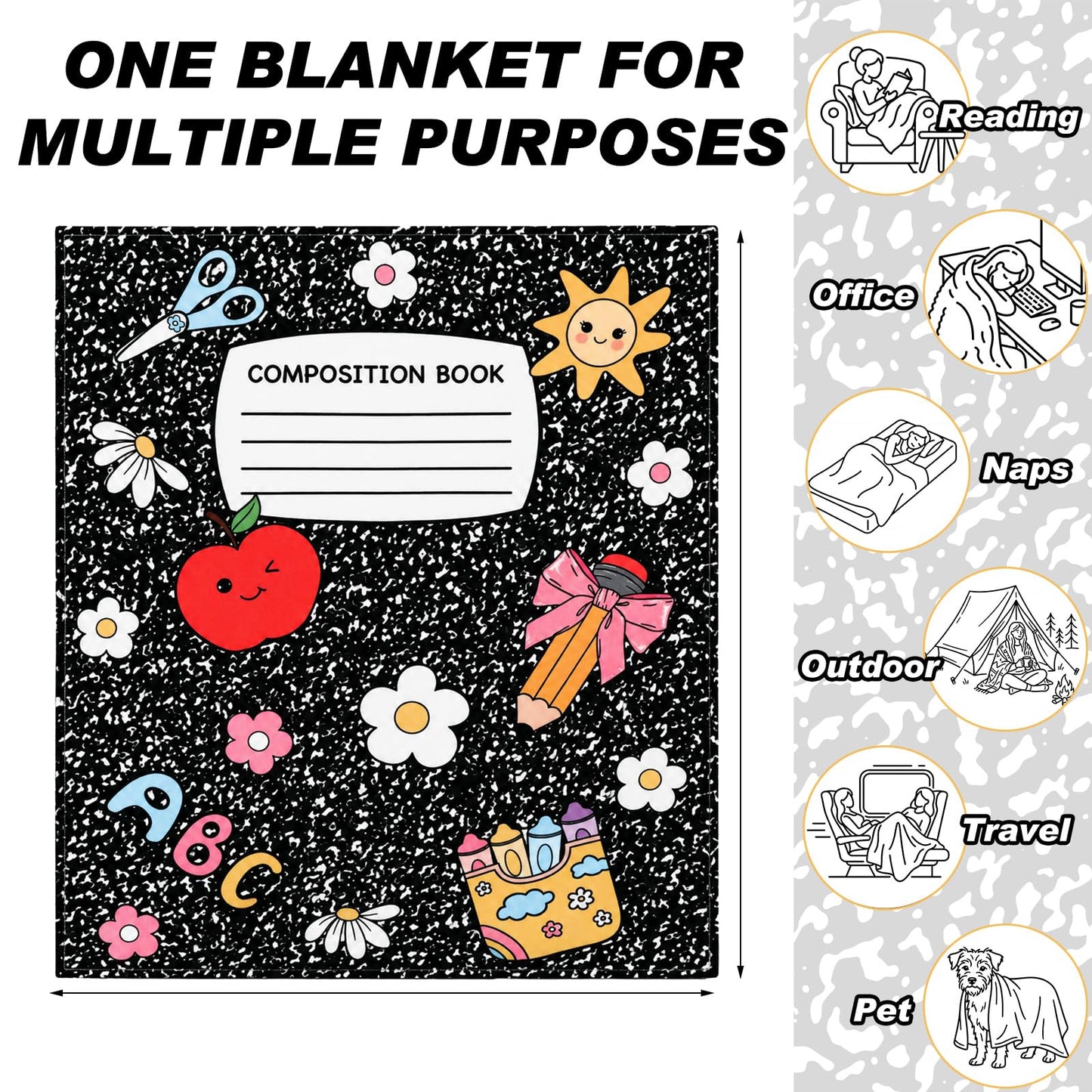 Remagr Back to School Blankets 60"x 50" Composition Notebook Throw Blanket Plush Lightweight Flannel Blankets for End of Year Back to School Graduation Sofa Couch Travel Bed Decoration