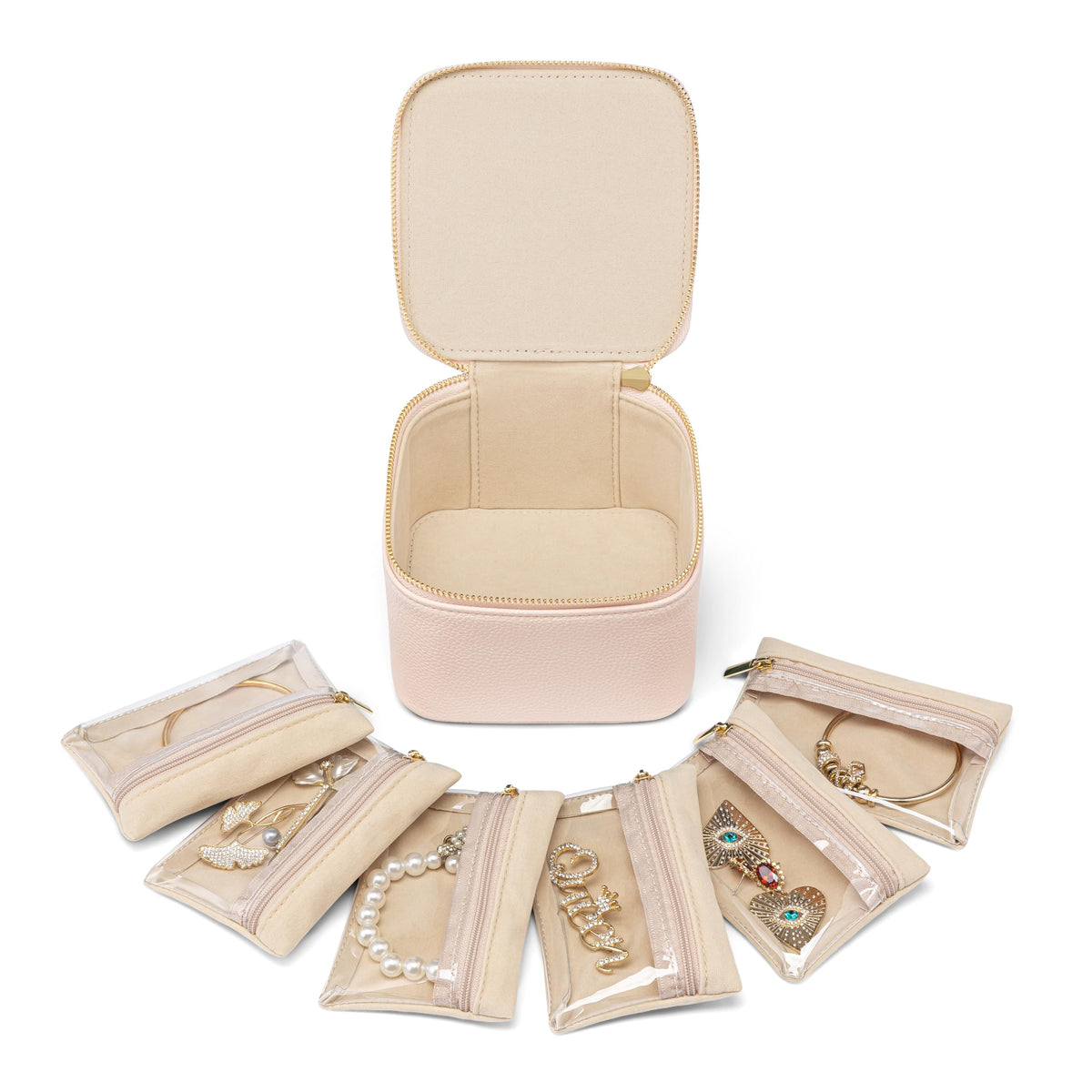 Vlando Travel Jewelry Case,Jewelry Organizer with 6 zipper velvet Jewelry bags for Women Girl,Wedding Birthday Gift Ideas for Women Earrings Rings Storage Gift Box Packaging Pink