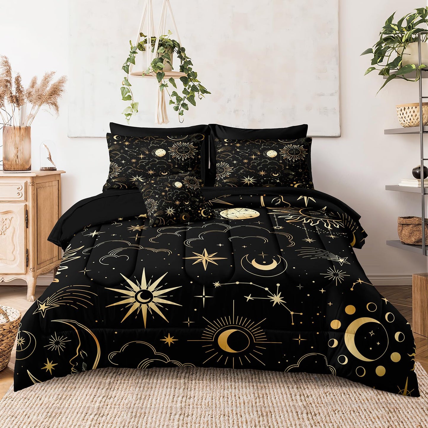 Bedding_Dreamer Black and Gold Queen Bed in a Bag Sun and Moon Bedding Set Mysterious Space Home Decor Galaxy Down Comforter Black Sheet Sets 8 Pcs Soft Microfiber for Kids Adults