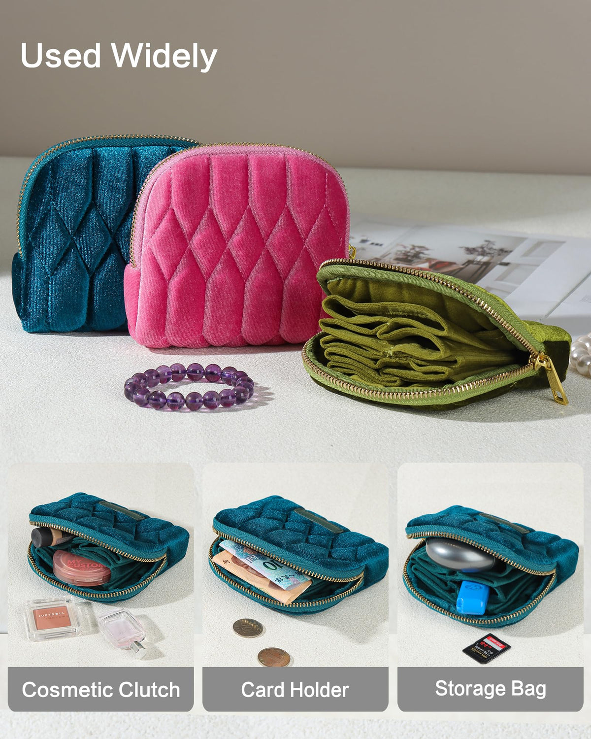 Vidifina Small Travel Jewelry Case, Mini Travel Jewelry Bag with Zipper, 5-Layer Velvet Organizer Pouch for Bracelet Rings Earrings - Diamond Stitched Velvet Rose Purple