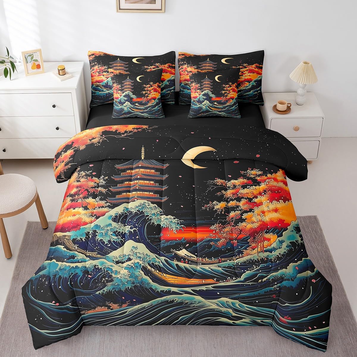 Erosebridal Blue Ocean Waves Queen Bedding Set 7 Piece,Japanese Cherry Blossom Comforter Set with Sheets for Kids Girls Boys,Ukiyoe Style Oriental Theme Bed Set with Fitted+Flat Sheet,Pillowcases