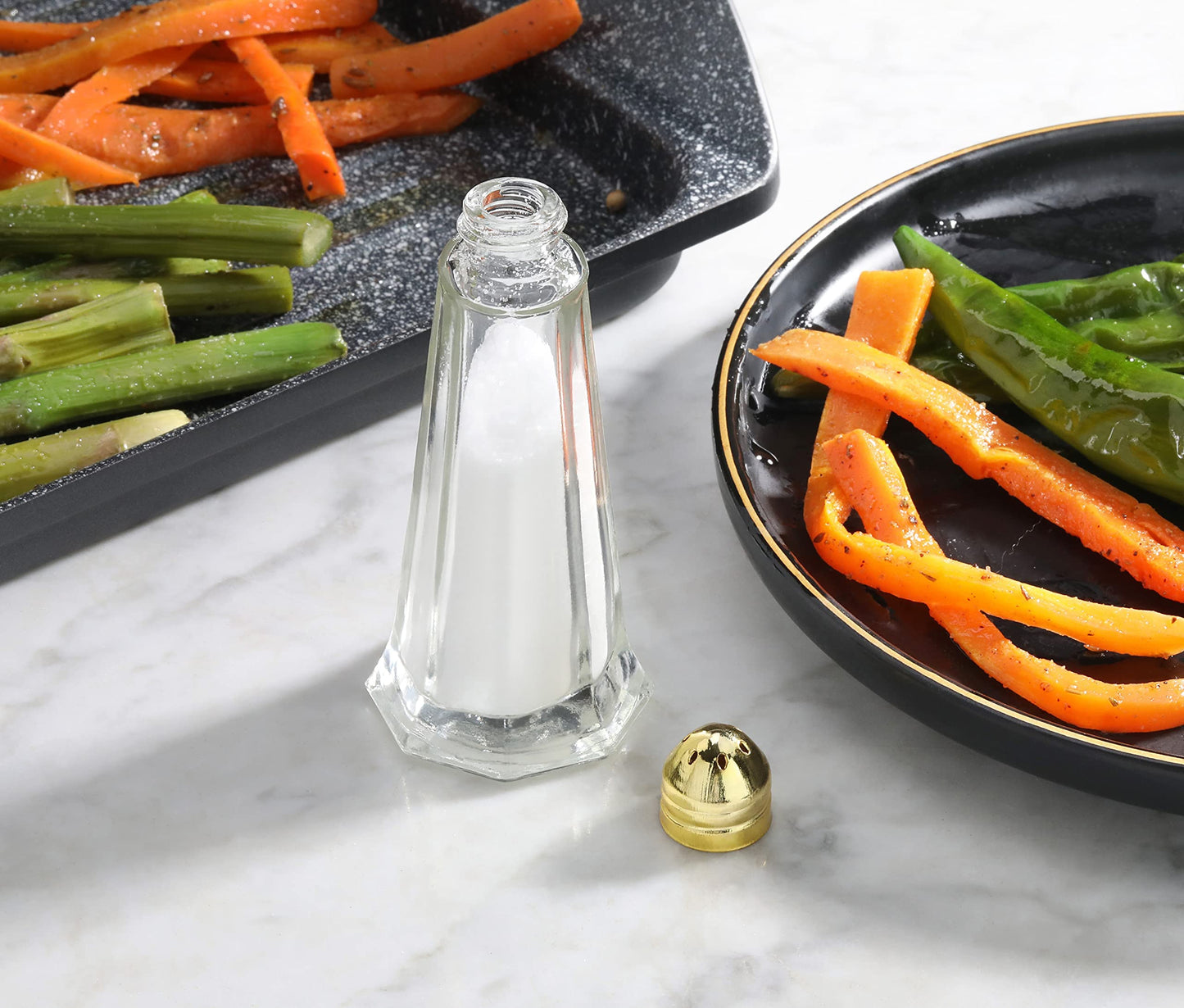 New Star Foodservice Glass Tower Salt and Pepper Shakers, 1 oz Set of 12, Clear Glass Shakers with Gold Plated Tops for Restaurants and Tabletop Use