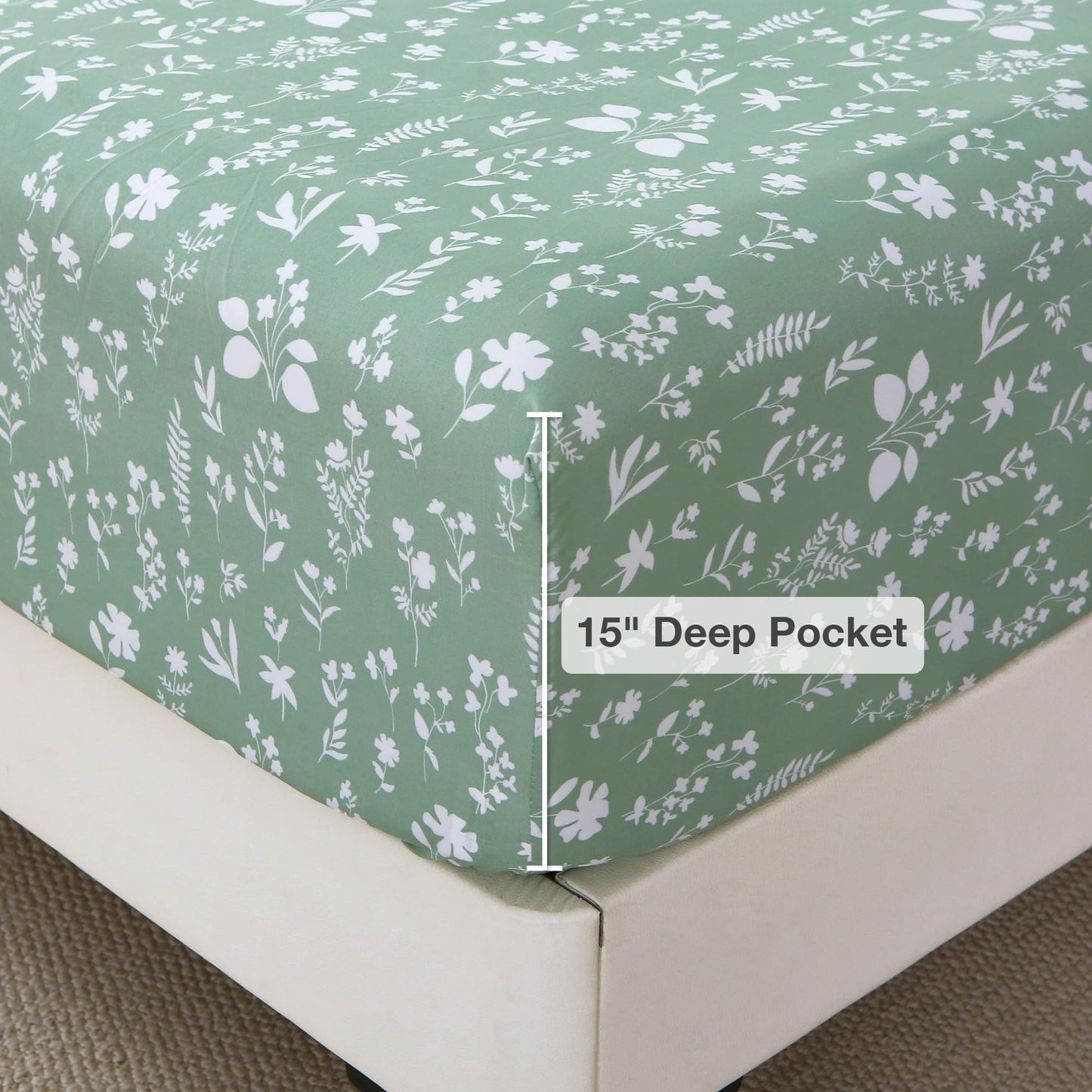 Viviland Sage Green Full Sheet Set - 4 Piece Vintage Green Flower Patterned Bed Sheets - Soft, Breathable Microfiber Floral Sheets with Deep Pocket, Non-Slip Fitted Sheets & Pillowcases