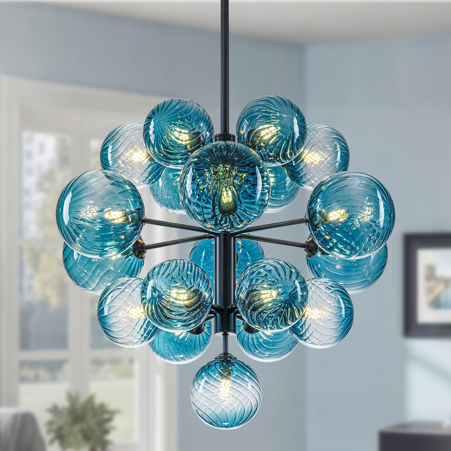 19-Light Blue Glass Bubble Chandelier Light Fixture, 24" Large Foyer Lighting Fixtures, Adjustable Black Mid Century Modern Sputnik Chandeliers for Dining Room Chandelier over Table, G9 Bulb Base