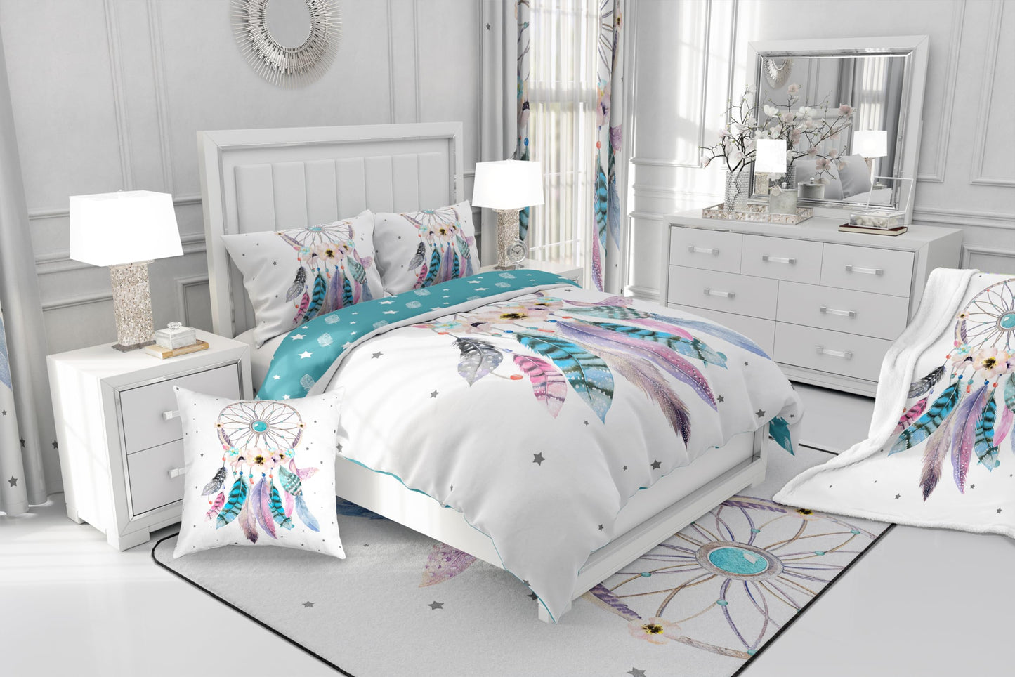 Erosebridal 100% Cotton Dream Catcher Bedding Sets Twin Girls Floral Flower Duvet Cover Cherry Blossom Comforter Cover Women Aztec Tribal Quilt Cover,Bohemian Feather Star Room Decor 1 Pillowcase