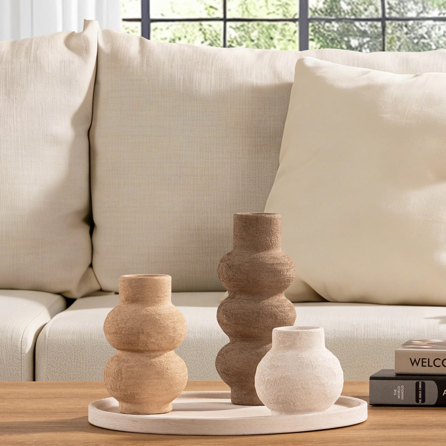 Ceramic Vase Home Table Decor - Flower Vase Set of 3 Living Room Kitchen Decorations Farmhouse Modern Rustic Vases Decorative Centerpiece for Shelf Bedroom Office Bathroom Dining Coffee Desk