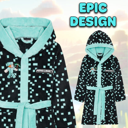 Minecraft Dressing Gown for Boys Fleece Hooded Bathrobe with Pockets Creeper Loungewear Nightwear Teens Gamer Gifts for Boys (9-10 Years, Teal)
