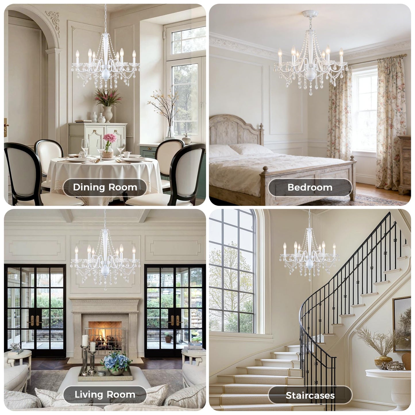 White Crystal Chandelier, 6-Light Modern Chandelier for Dining Room Light Fixture, Elegant Crystal Pendant Ceiling Light Fixture, 25" French Candle Chandelier for Bedroom Living Room Kitchen Entryway