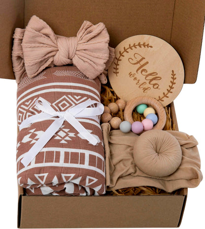 Baby Girl Gift Set - 5-Piece Baby Girl Shower Gifts with Muslin Swaddle Blanket, Wooden Teether, Headbands & Hello World Milestone Card - Newborn Welcome Box, Unique Present for Girls