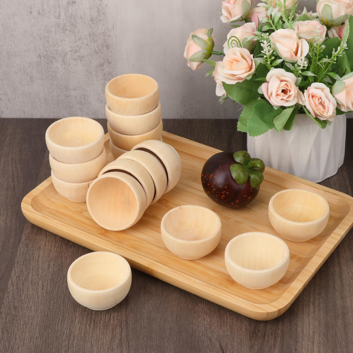 Geytetqi 50 Pack 2.2 Inches Round Wooden Bowls, Unfinished Mini Wood Bowls for Condiments, Sauces, Dips, Nuts, and Snacks