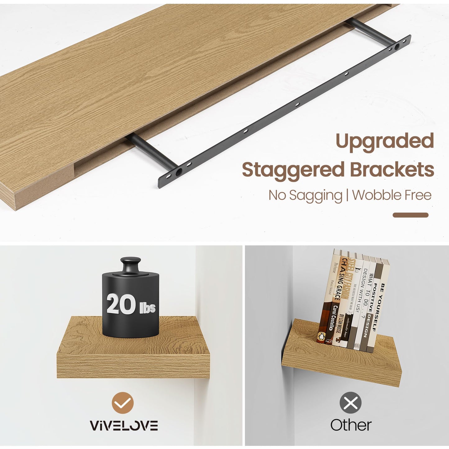 Vivelove 16 Inch Floating Shelves for Wall, 16x9 Display Shelves for Bathroom Living Room Kitchen Bedroom Office Farmhouse Home Decor - Set of 2, Oak