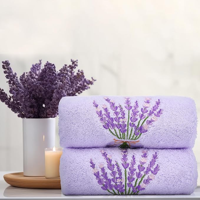 2 Pcs Lavender Hand Towels Purple Bathroom Decor 14x29 Inch Embroidered 100%