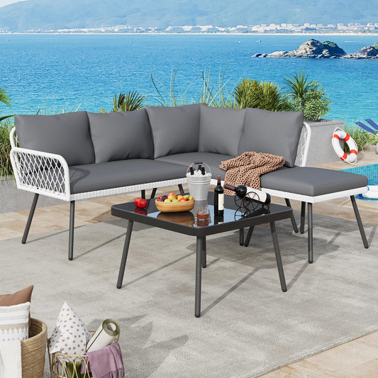 Garvee 4 Piece Patio Furniture Set, Outdoor Wicker Sectional Sofa with 2 Chairs, loveseat & Glass Top Coffee Table, 5mm Cushions inckuded L-Shaped Couch Set for Yard Garden Porch Poolside Sunroom