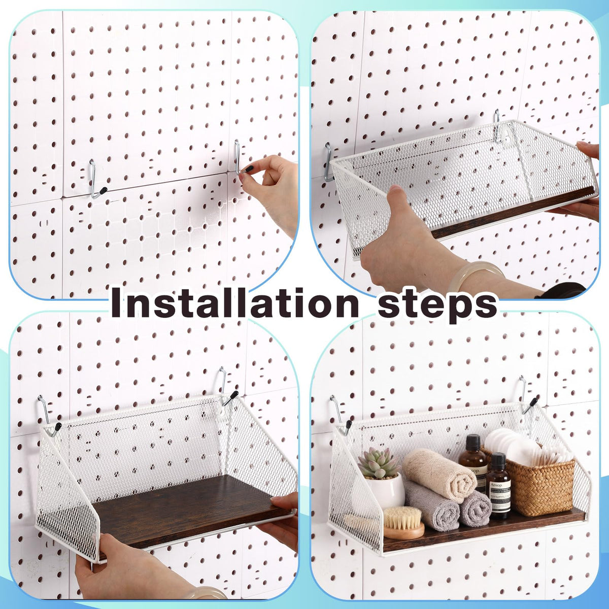 Ferrochef 3 Pack Pegboard Shelves with Hooks, Wall Mounted Grid Shelves, Pegboard Organizer Bins with Wooden Base, Heavy Duty Peg Board Storage Accessories for Kitchen, Bathroom, Garage, Office(White)