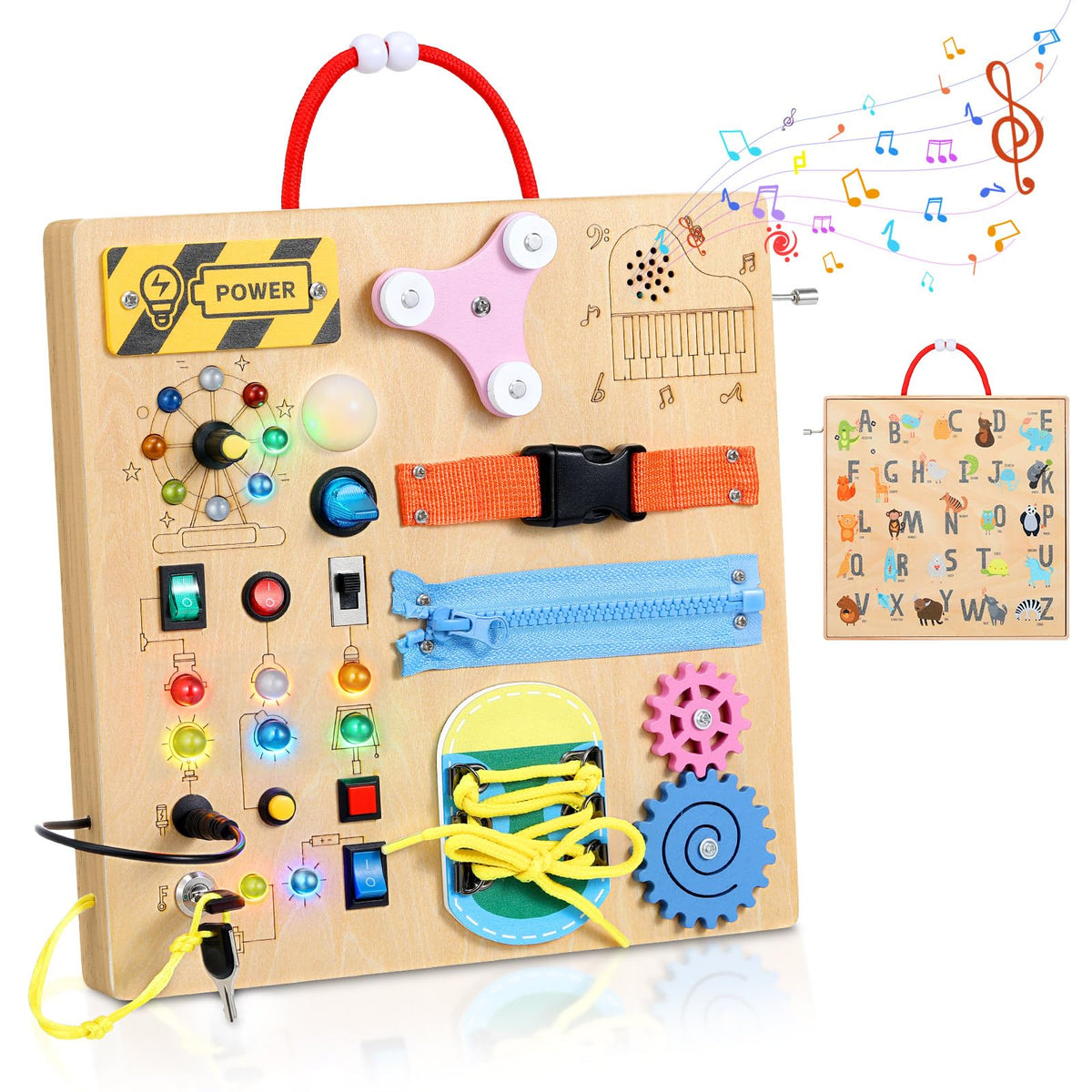 MoKo Montessori Busy Board Toys for 3+ Years Old Wooden Sensory Toys Board with LED Light Up Switch, Locks, Zippers, Music Boxes Learning Educational Fidget Toy for Toddlers Boys & Girls