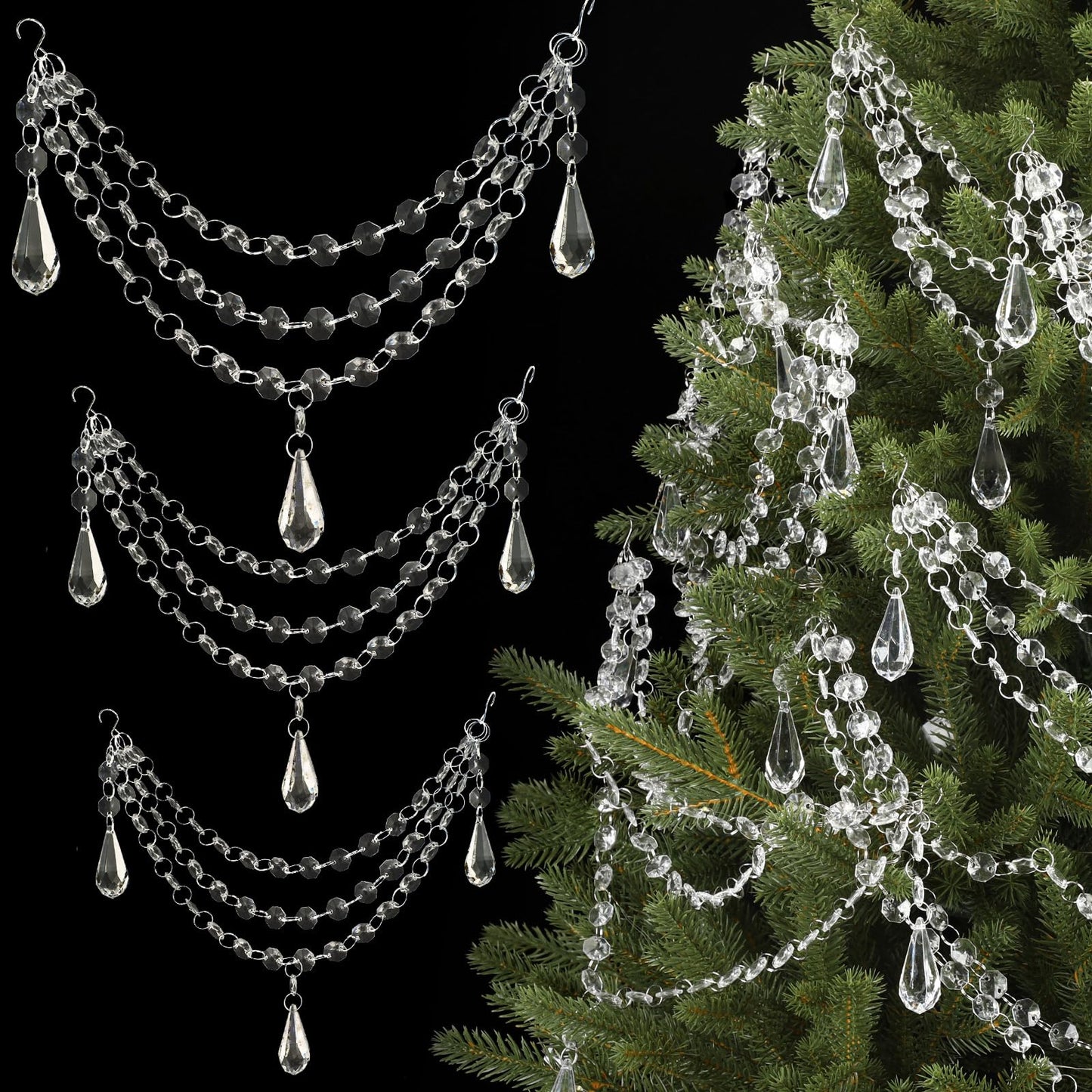 Pinkunn 12 Pcs 3-Layer Crystal Garland for Christmas Tree 20in 16in 12in 3-Layer Acrylic Bead Garland Hanging Christmas Decorations Indoor Home Decor for Home Xmas Wedding Party Decor(Teardrop)