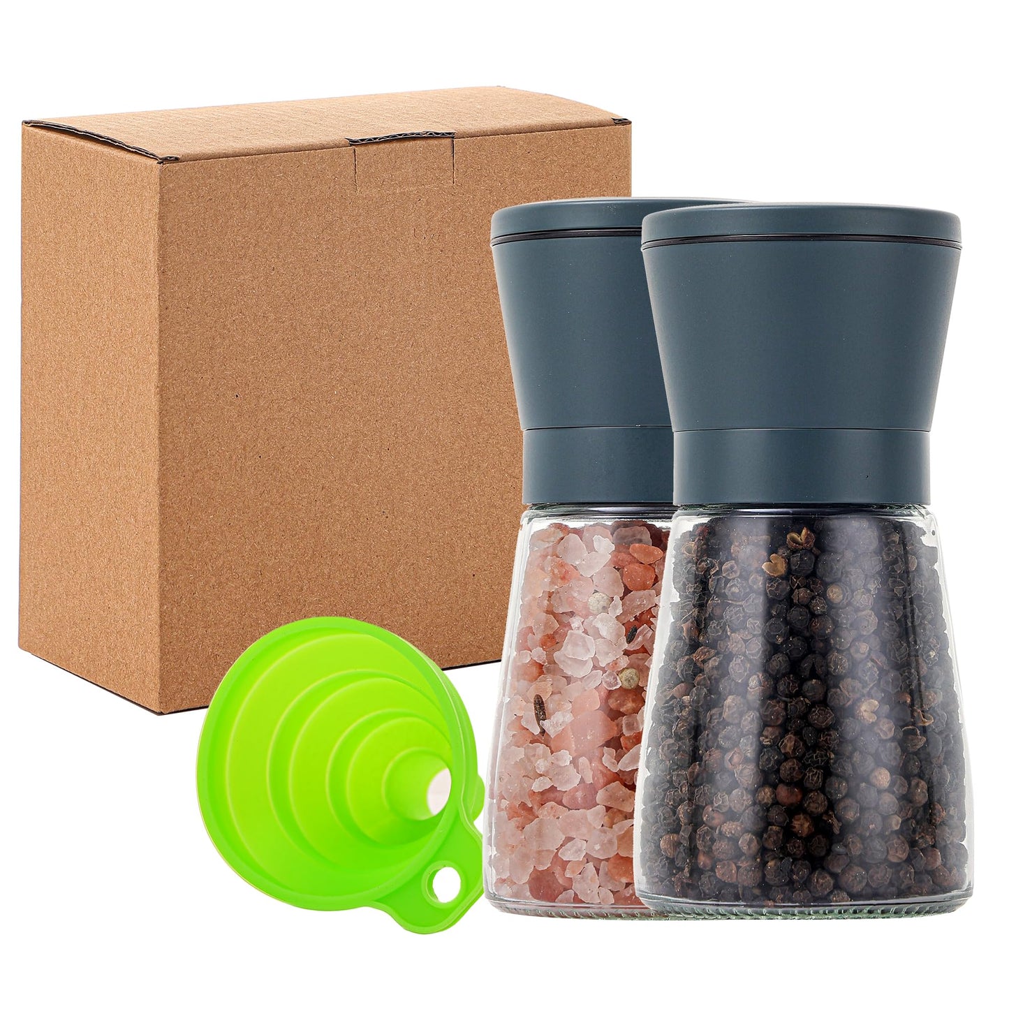 DAVIMADE Stone Blue Salt and Pepper Grinder Set of 2, Refillable & Adjustable Coarseness with Ceramic Blades，Premium Stainless Steel Hand Mills, Bonus Silicone Funnel