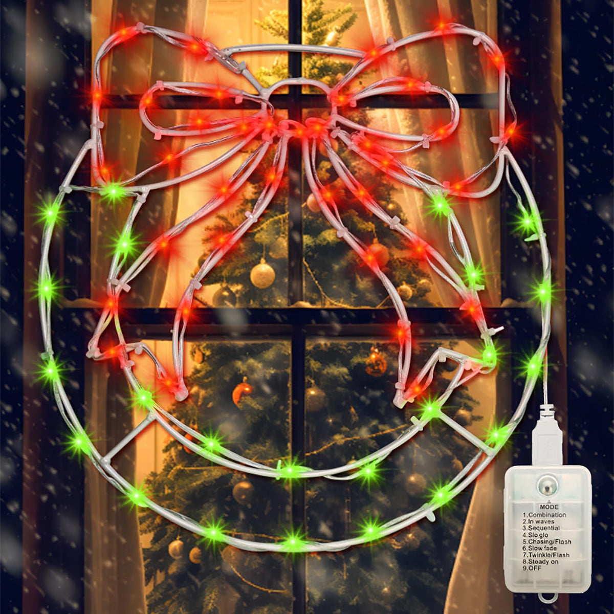 Christmas Wreath Window Silhouette Lights - 12.5" x 13.5" Bright LED Christmas Wreath with Bow, 8 Modes USB Powered / Battery Operated Window Lights for Wall Door Home Party Decor, Red and Green