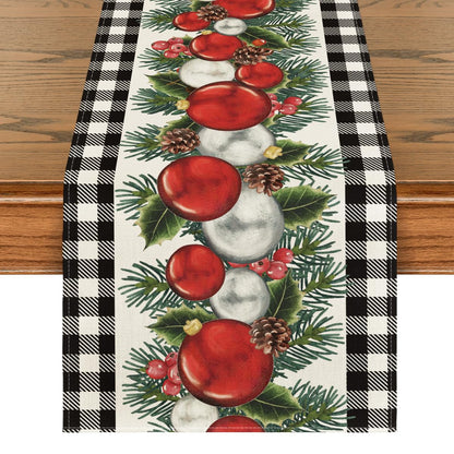 Artoid Mode Black White Buffalo Plaid Xmas Ball Holly Christmas Table Runner, Winter Kitchen Dining Table Decoration for Outdoor Home Party 13x36 Inch