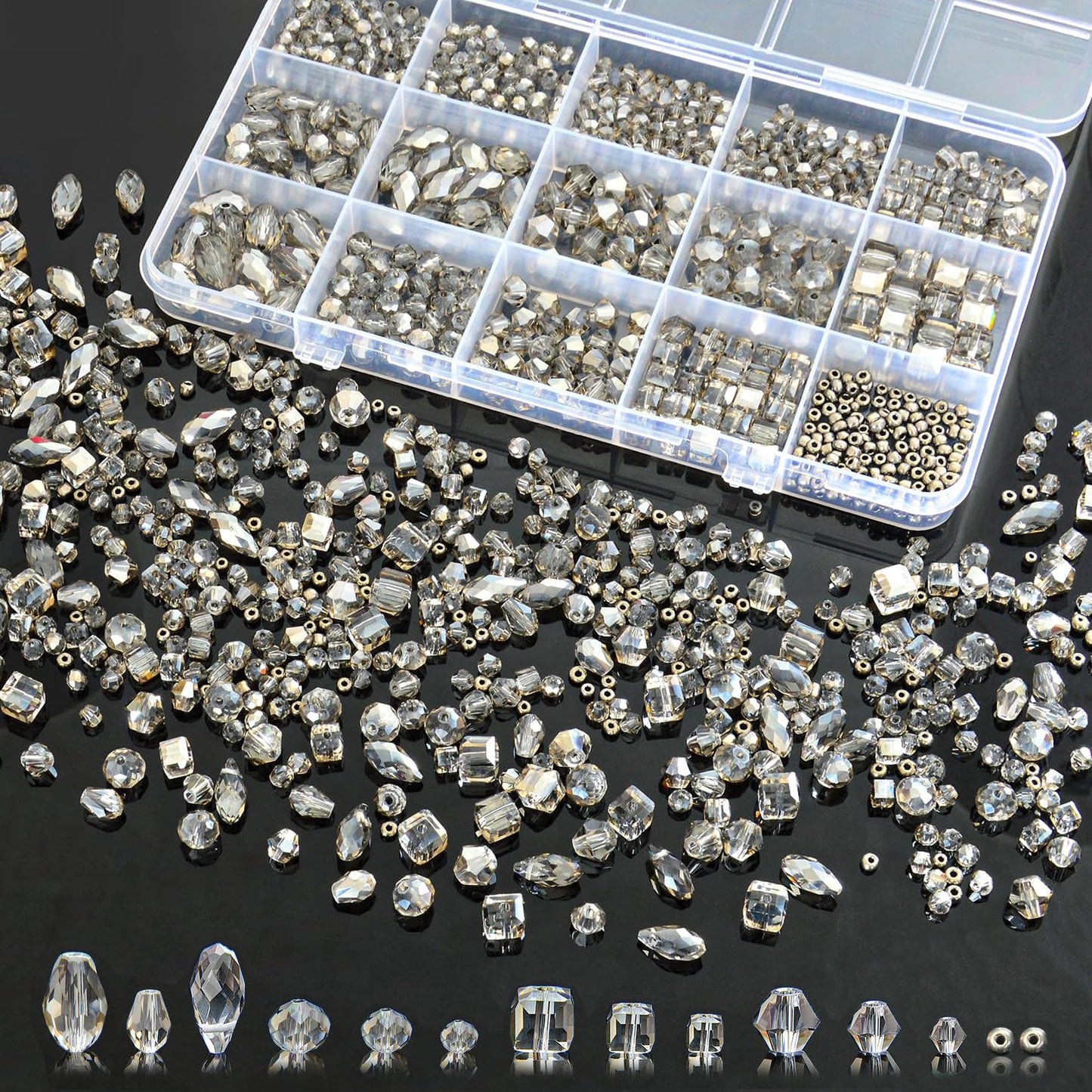 Laopottbeads 1500 Pcs Crystal Glass Beads for Jewelry Making – 12 Styles Bicone, Rondelle, Cube, Teardrop & 3mm Spacer Beads, DIY Bracelet Necklace Earring Craft Kit with Organizer Box(Grey)