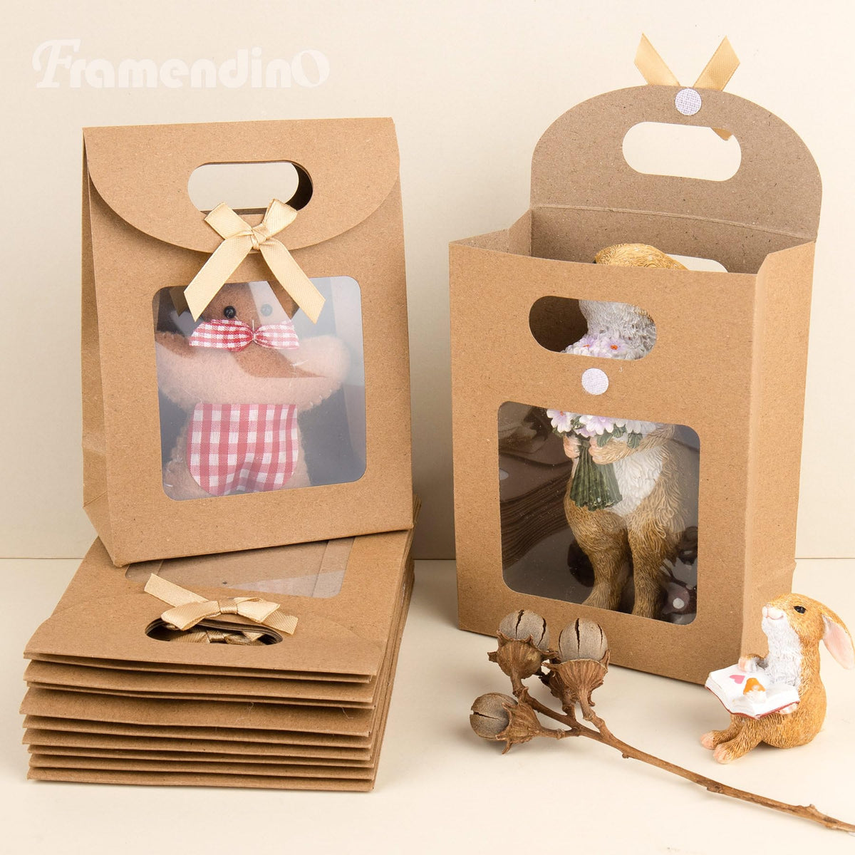 Framendino, 24 Pack Kraft Paper Bags with Clear Window and Handle Stand Up Bag for Candy Cookies Packaging Wedding Christmas Party Store Retail