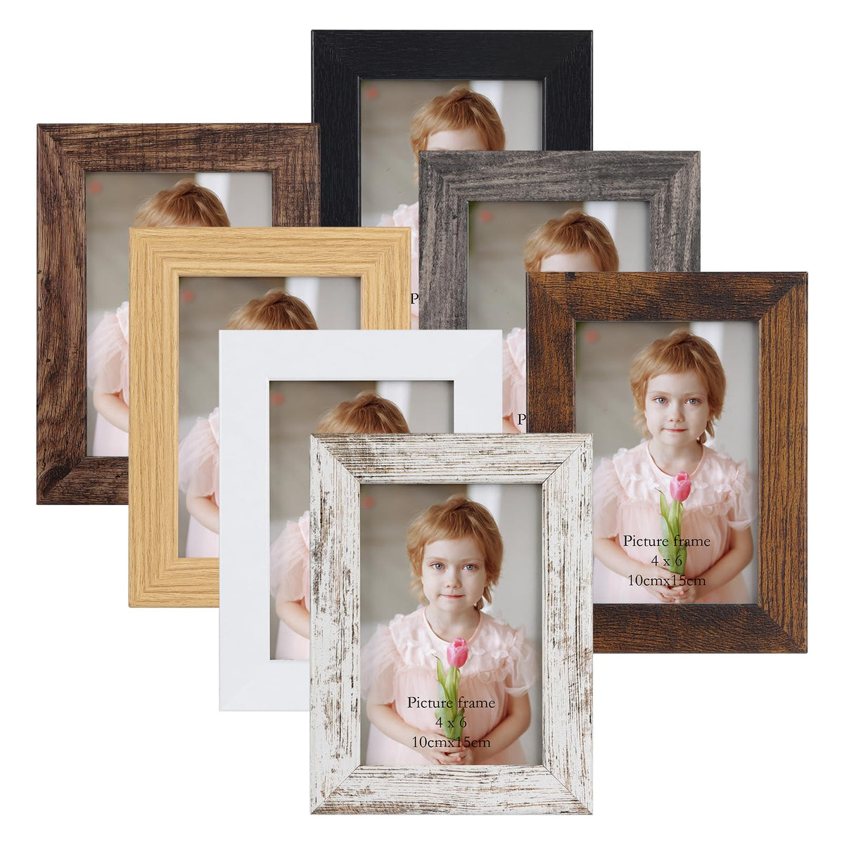 PETAFLOP 4x6 Frame Set of 7, 4x6 Picture Frame in Multi Colors, Rustic Wooden Frames for Tabletop and Wall Mounting Display