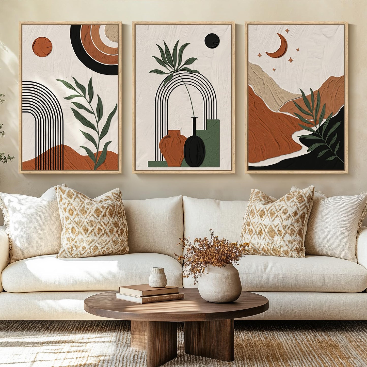 Framed Boho Sage Green Wall Art for Living Room, Large Mid Century Modern Tropical Leaf Canvas Artwork for Walls, 3 Piece Beige Orange Bohemian Wall Art Prints for Bedroom Kitchen Hallway, 16x24 Inch
