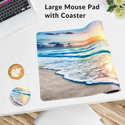 Large Gaming Mouse Pad with Coaster, Desk Matt for Desktop, Desk Pad, Mouse Pads Mat, Stitched Edges Big Extended Mousepad for Computer Keyboard Laptop Office Decor, 31.5'' x15.6''-Beach