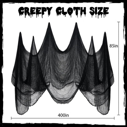 Diteryy Halloween Creepy Cloth 400 x 85 Inch Black Halloween Spooky Fabric with Cobwebs and Spiders Creepy Gauze Cloth Scary for Party Haunted House Decoration Outdoor Entrance