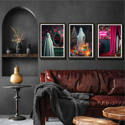 9Pcs Halloween Ghosts Canvas Wall Art Fashion Funny Gothic Romantic Couple Cute Ghost Wall Decor Pictures Horror Creepy Dark Academia Posters Prints for Modern Home Hotel Room Decoration Unframed
