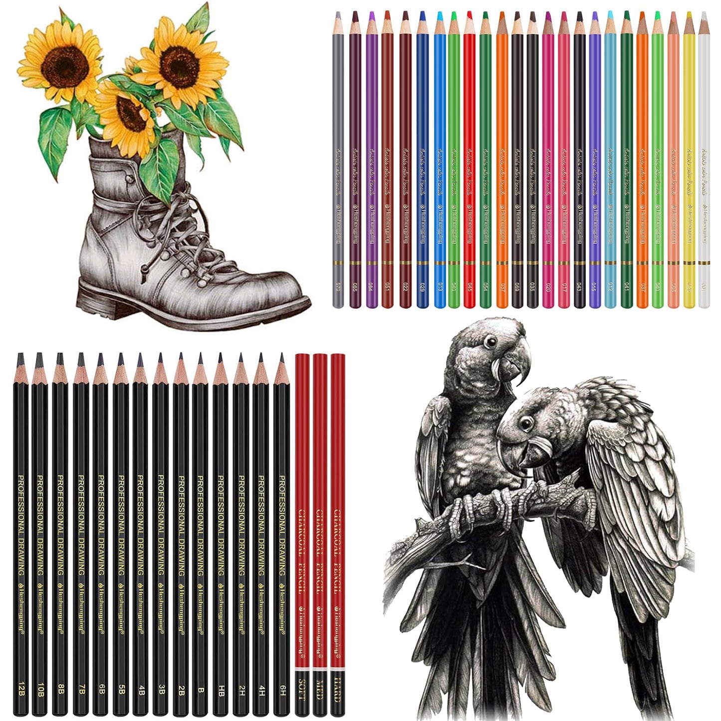 Sketching Drawing Art Pencil Kit-50 Piece Set with 24 Color Pencils for Adult Kid Coloring Books, 14 Graphite 3 Charcoal Erasers Etc., Artist Supplies Ideal for Adult, Kid,Student, Beginner