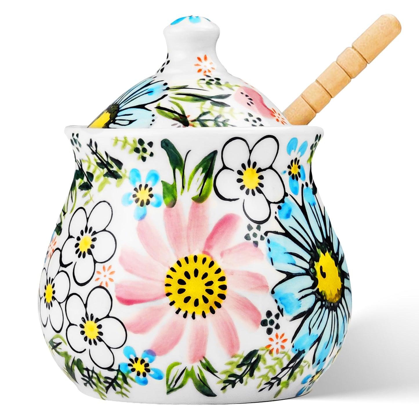 JUSONEY Ceramic Honey Pot with Dipper and Lid,10oz Handpainted Honey Dispenser with Flowers,No drip, Honey Jar Easy Clean(B)