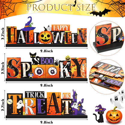 3 Pieces Halloween Table Decorations - Pumpkin Centerpiece, Boo Spooky Wood Sign, Trick or Treat Witch Hat Decor for Party, Living Room, Kitchen, Office, Bar
