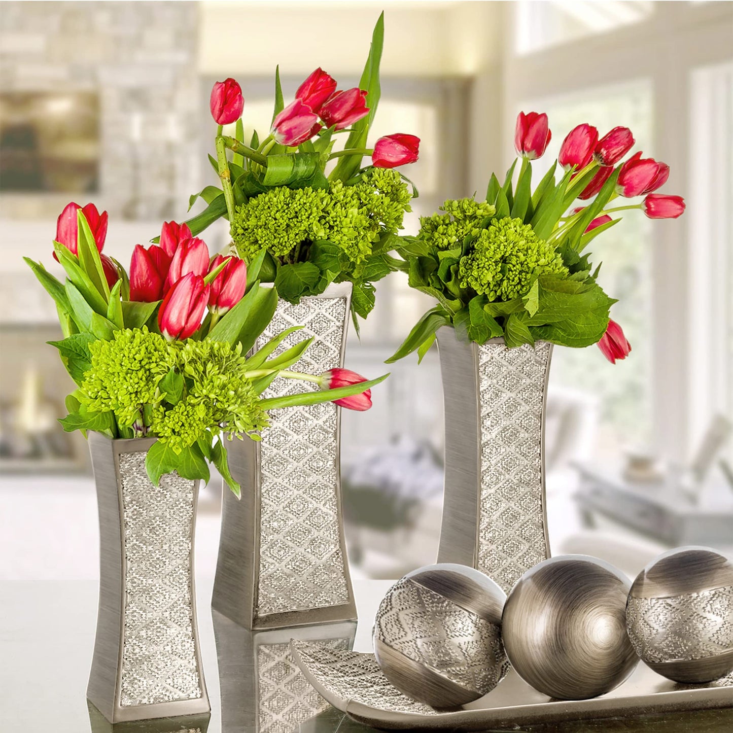 Creative Scents Dublin Silver Vases Set of 3 - Centerpieces for Dining Room Table, Decorative Vases Home Decor Accents for Living Room, Bedroom, Kitchen, Coffee Table Decor - Packaged in Gift Box