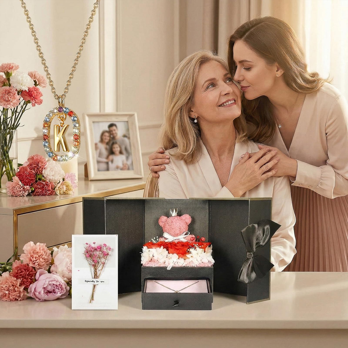 Mothers Day Birthday Gifts for Mom Women, Preserved Real Rose with Initial Necklace K, Forever Rose Jewelry Gift Box, Personalized Gifts for Women, Grandma, Wife, Girlfriend
