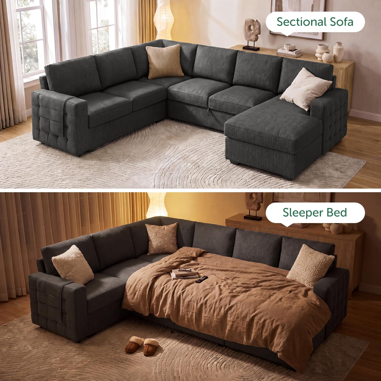 HONBAY Sectional Sleeper Sofa with Pull-Out Bed Storage Chaise, 6 Seater Couch for Living Room, Middle Grey