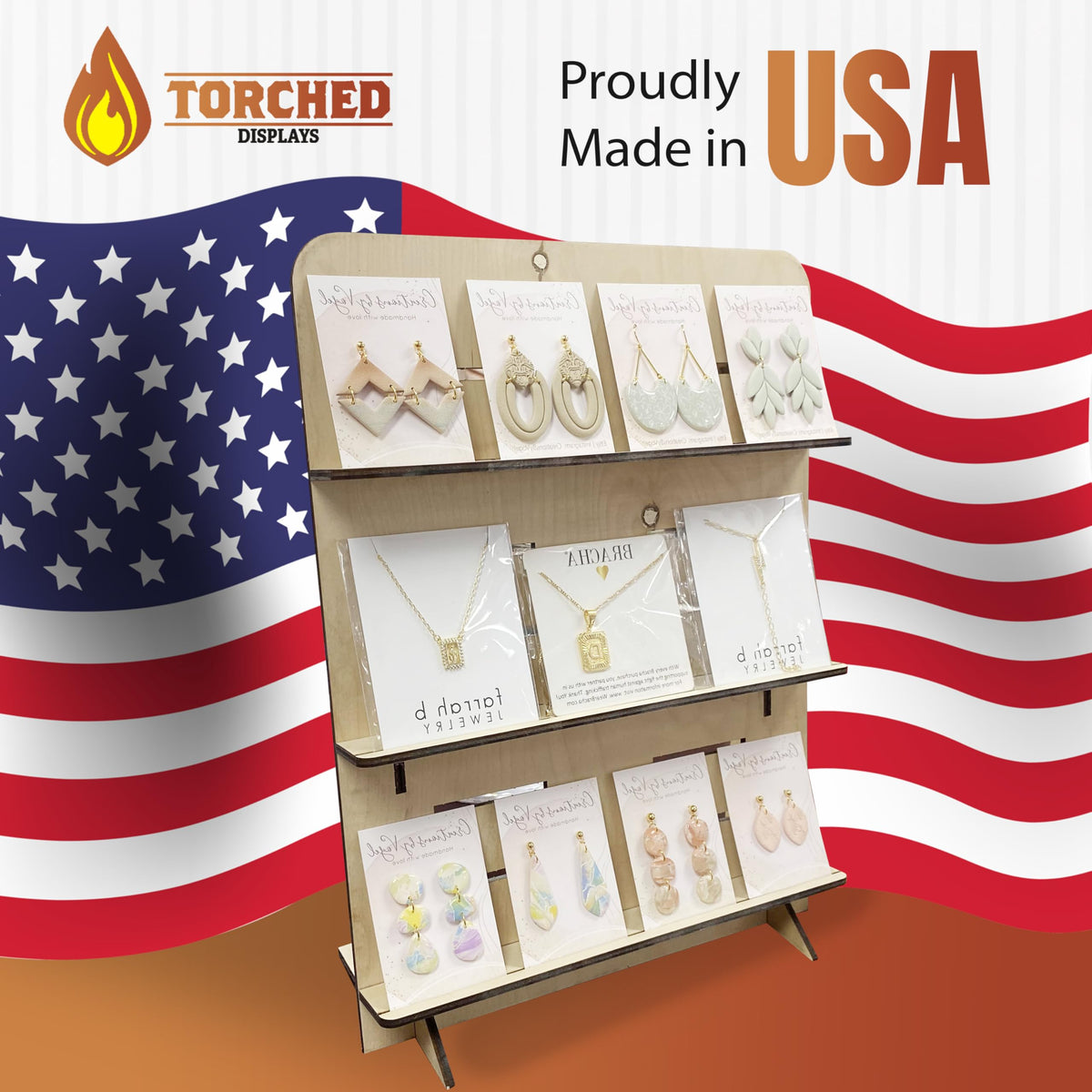 TORCHED DISPLAYS Jewelry Holder Necklace Organizer – Earring Display Stands for Selling – 3-Tiered Natural Wood Jewelry Holder Stand for Shops, Boutiques, Festivals - Display Rack Wood Stand
