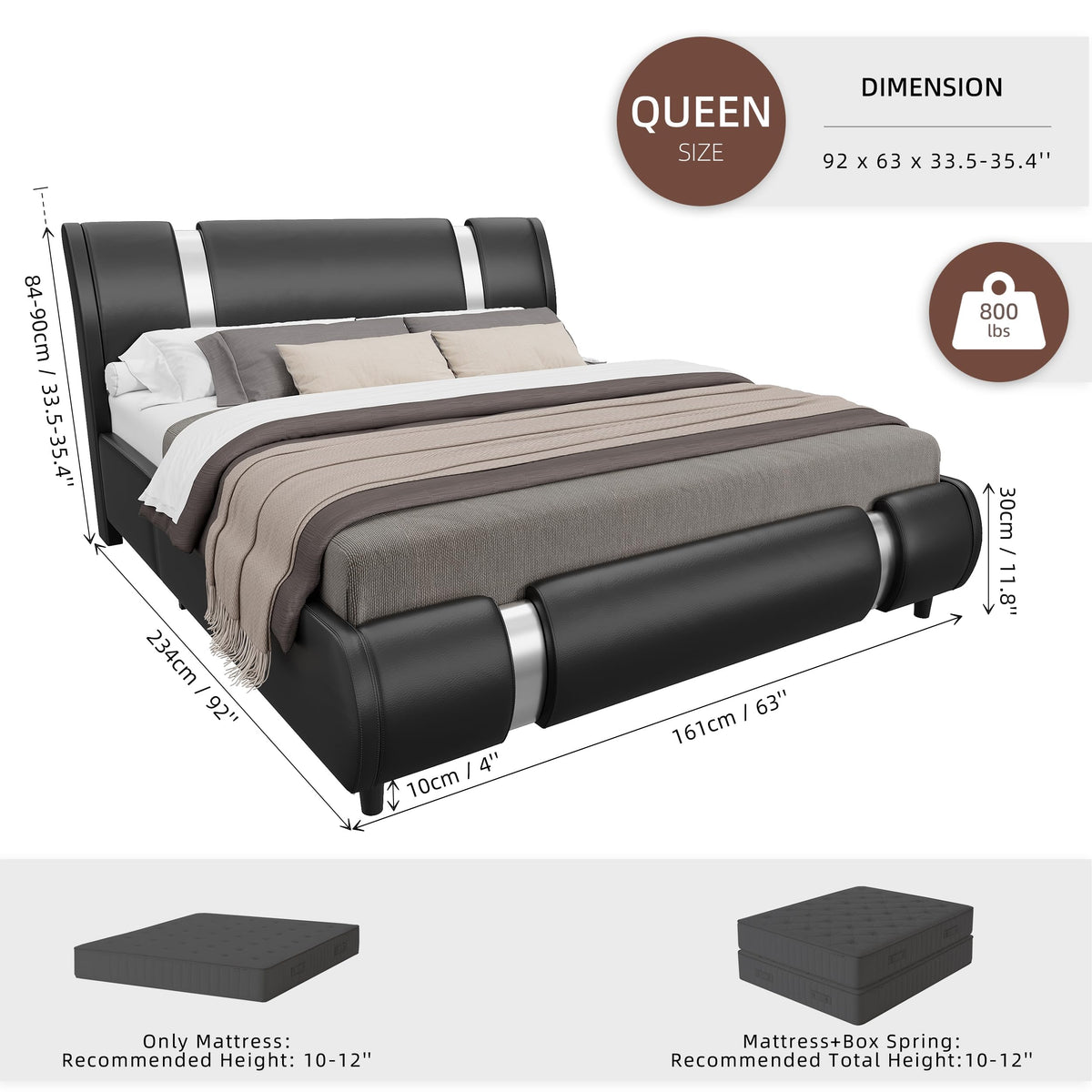 Keyluv Modern Queen Size Bed Frame with Mirror Metal Decoration, Faux Leather Upholstered Platform Bed with Curved Headboard, Wooden Slats Support, No Box Spring Needed, Black