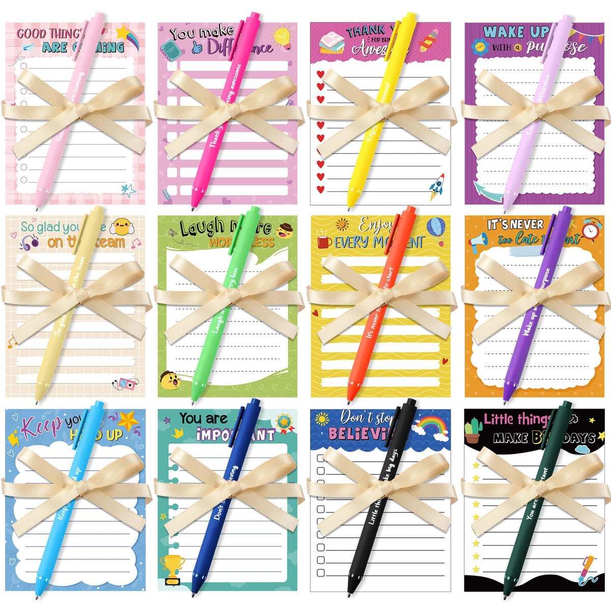 Yeaqee 12 Set Employee Appreciation Gifts 12 Empowering Sticky Notepads 12 Pens 12 Ribbons Motivational Sticky Notes Inspirational Pens for Office Supplies(Motivational)