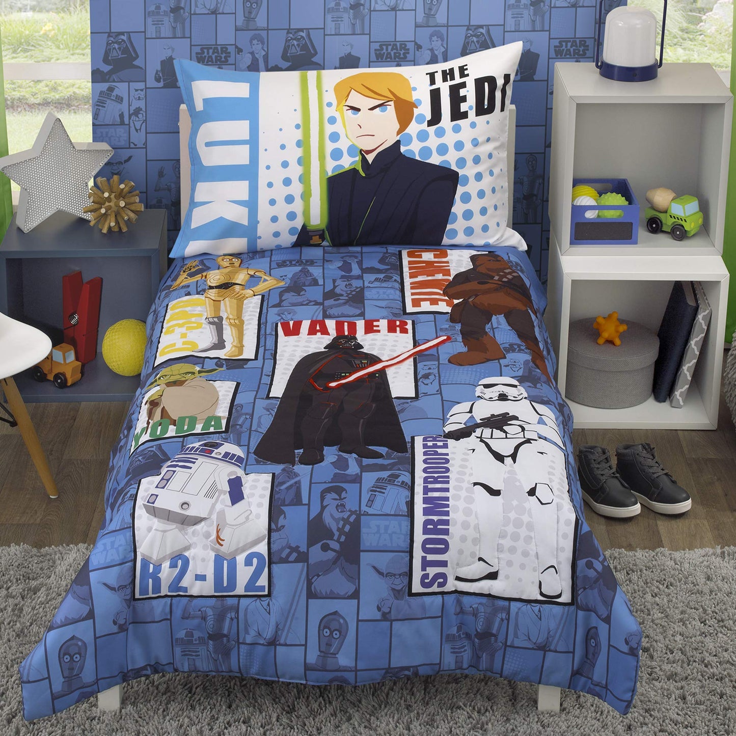 Disney Star Wars Galaxies Await 4 Piece Toddler Bedding Set Fitted Sheet, Pillow Case, Top Sheet, and Comforter Quilt - Blue
