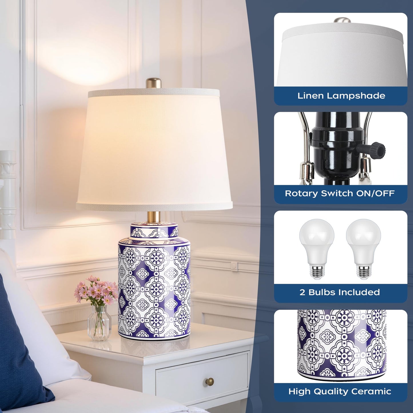 Qimh Chinoiserie Ceramic Table Lamps for Living Room, Small Bedside Lamps Set of 2 with Linen Lampshade, Modern Traditional Blue and White Lamp for Bedroom Office Nightstand Home Decor(Bulbs Included)