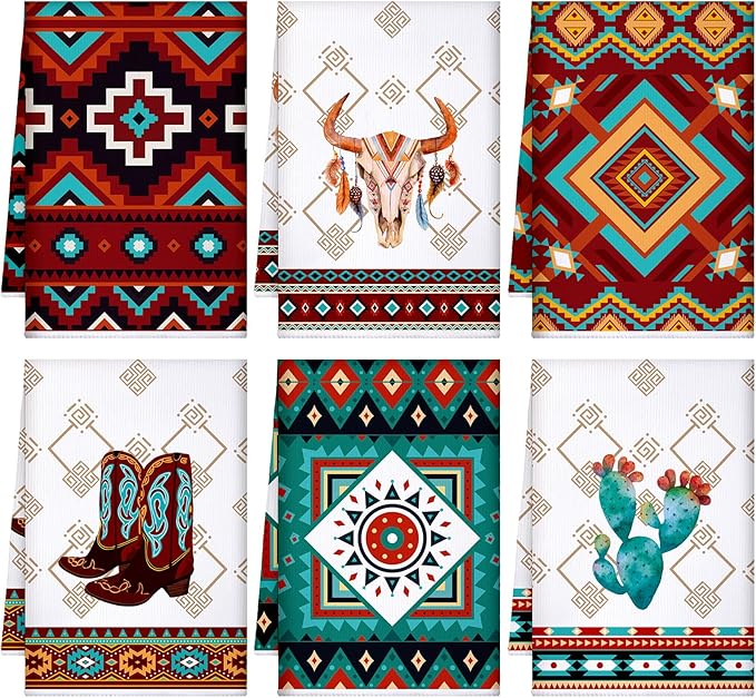 Boyiee Set of 6 Southwestern Kitchen Towels Boho Aztec Theme Dishtowel Native
