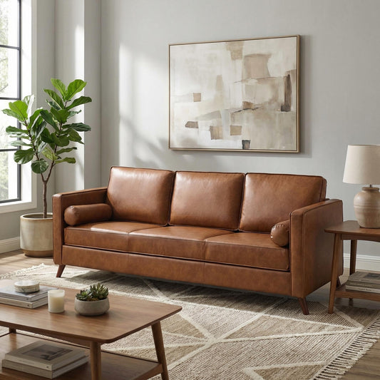 GarveeLife 81" Mid Century Modern PU Leather Sofa, 3 Seater Couch with Deep Seat & Cushions, Faux Leather Living Room Sofa for Apartment, Bedroom, Office, Brown